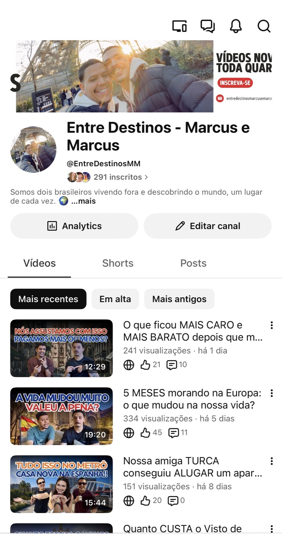 Página do canal Entre Destinos no YouTube