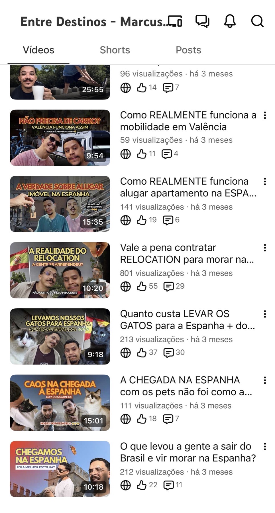 Lista de vídeos do canal Entre Destinos sobre morar na Espanha